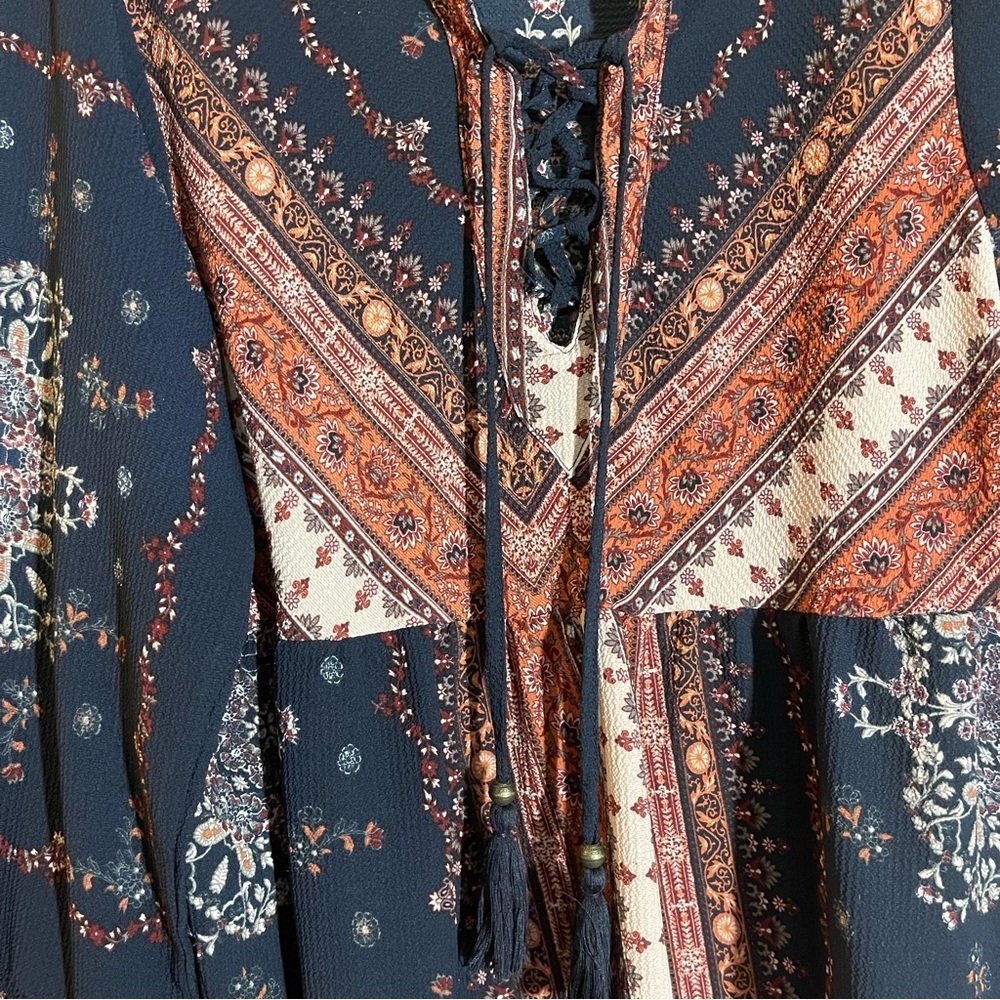 Artesia Boho Blue & Coral Floral Tassel Babydoll Tunic Top Size M - Picture 2 of 7
